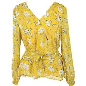Banana Republic Womens Yellow Floral Chiffon Long Sleeve Wrap Around  Top size M
